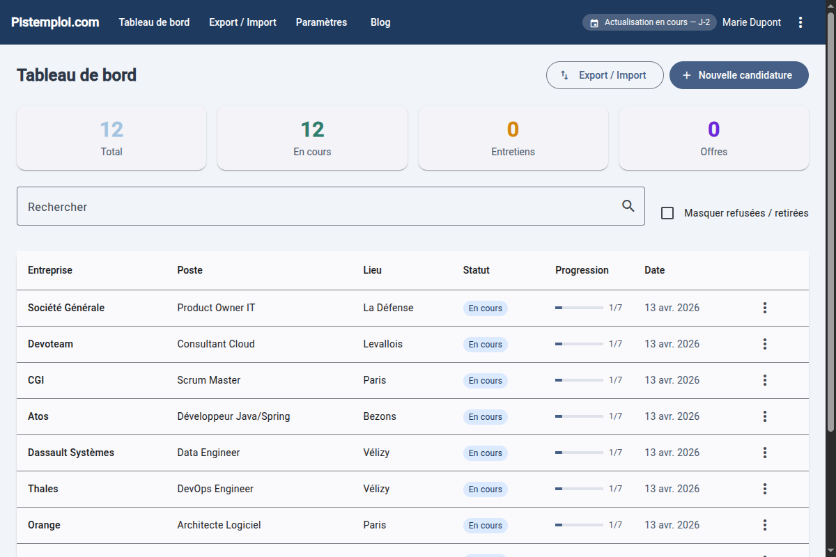 Tableau de bord PistEmploi avec suivi des candidatures, statistiques et liste des entreprises
