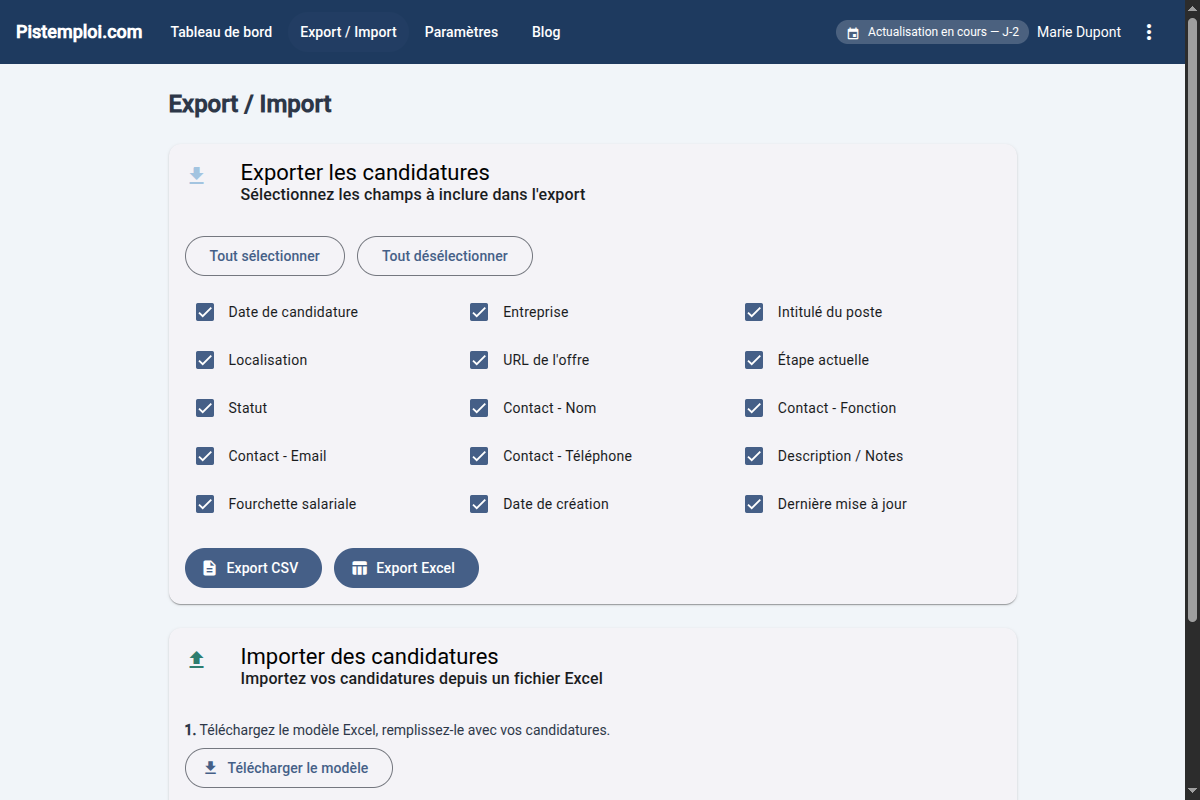 Page d'export CSV et Excel pour justificatif France Travail