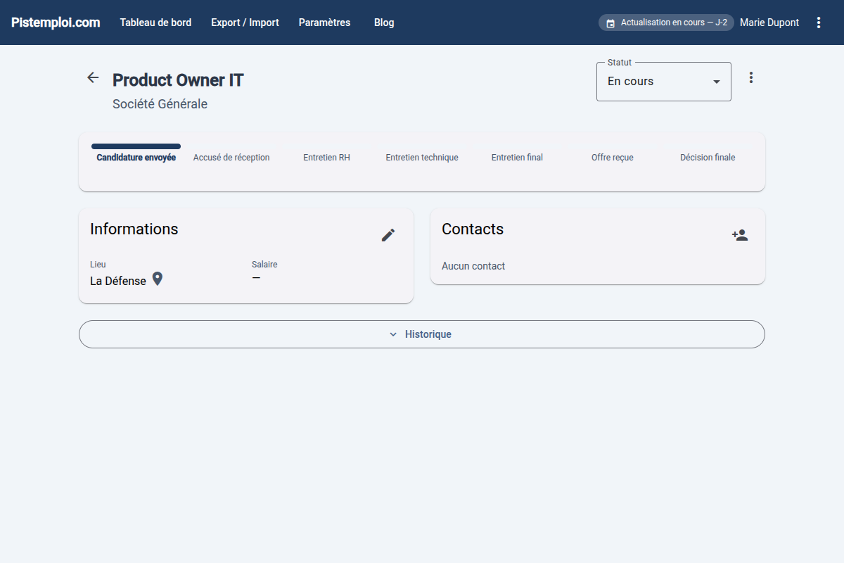 Pipeline de suivi de candidature avec les étapes du processus de recrutement